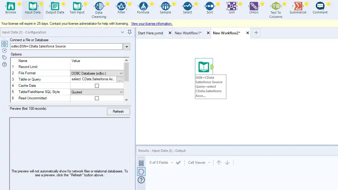 The configured Data Input tool, complete with query.